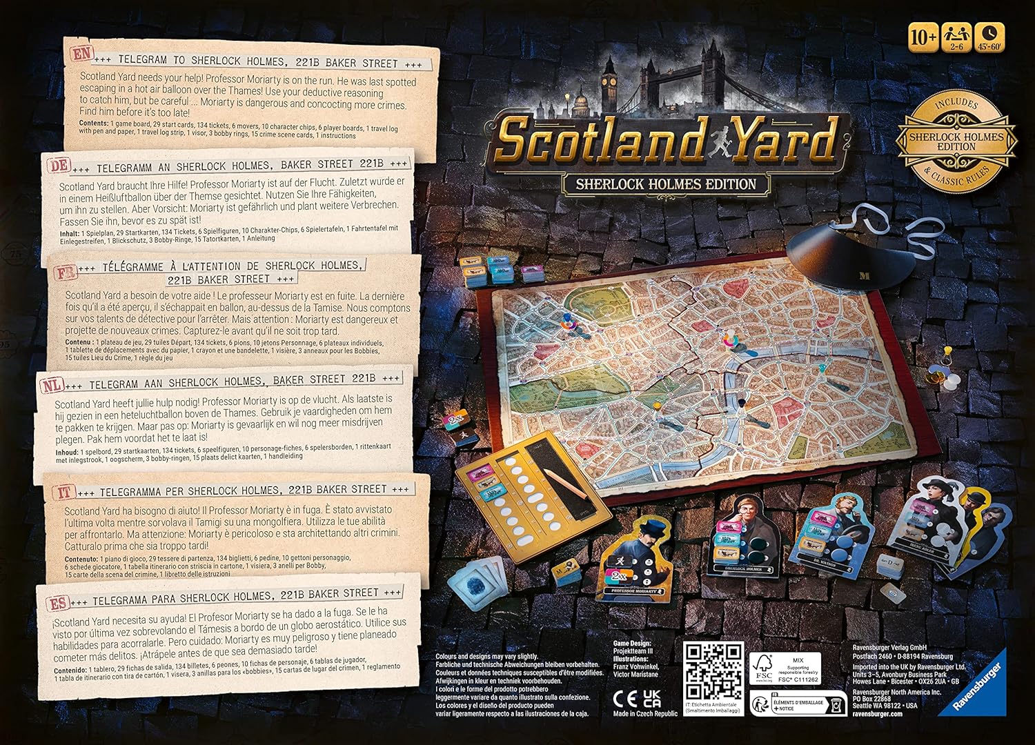 Sherlock Holmes Scotland Yard – back of the box with the short description in 6 different languages and a game setup shot
