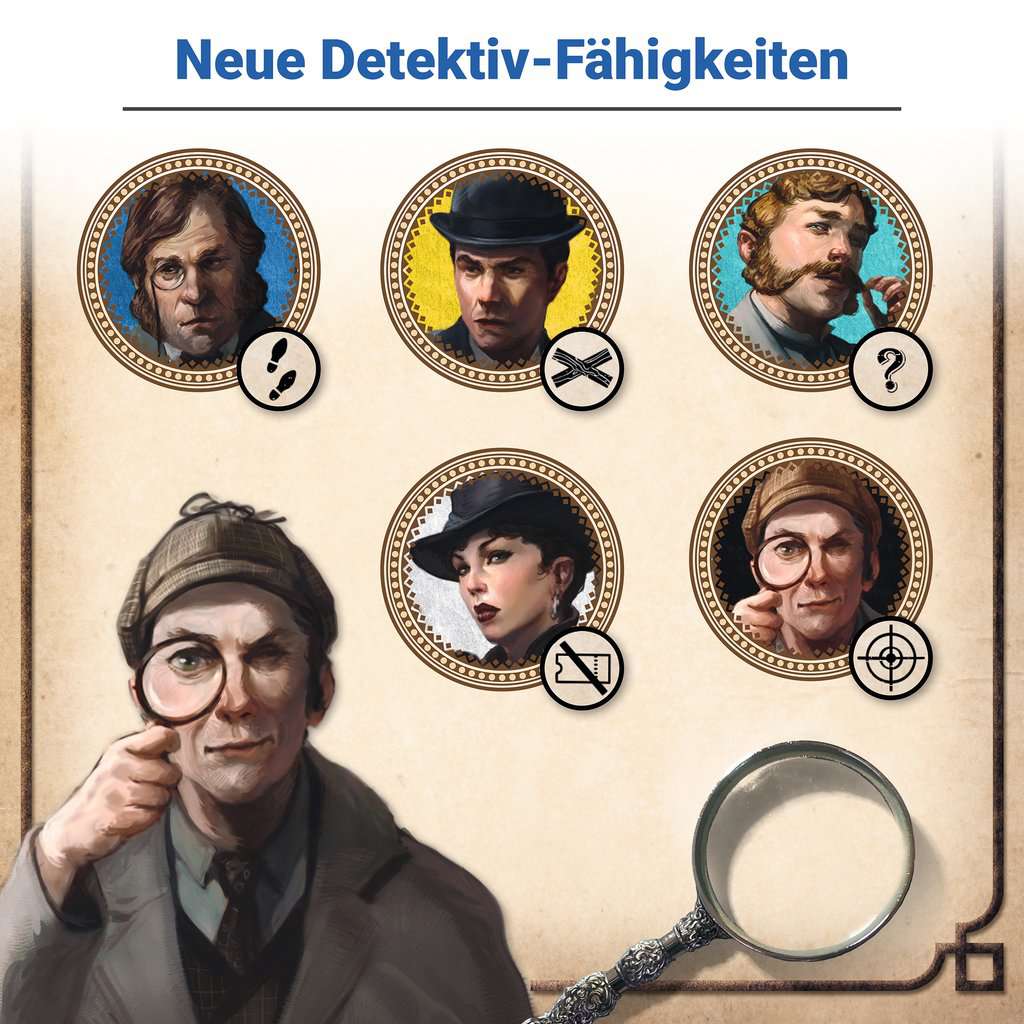 Sherlock Holmes Scotland Yard – Character overview with pictograms describing their abilities